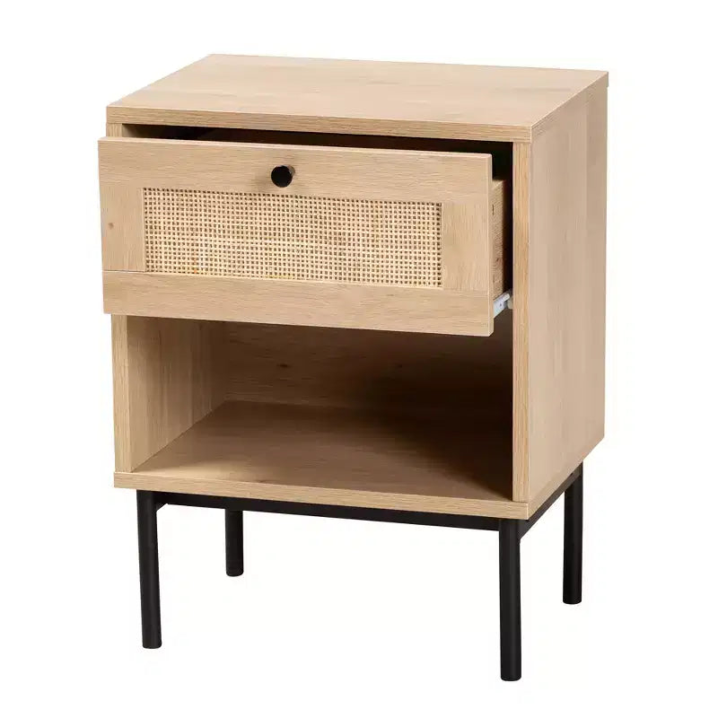 Table d'appoint Sherwin de style moderne du milieu du siècle, brun clair et noir, avec 1 tiroir et accent en rotin tressé
