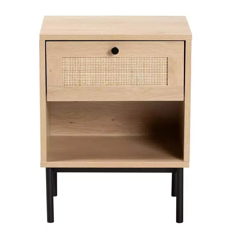 Table d'appoint Sherwin de style moderne du milieu du siècle, brun clair et noir, avec 1 tiroir et accent en rotin tressé