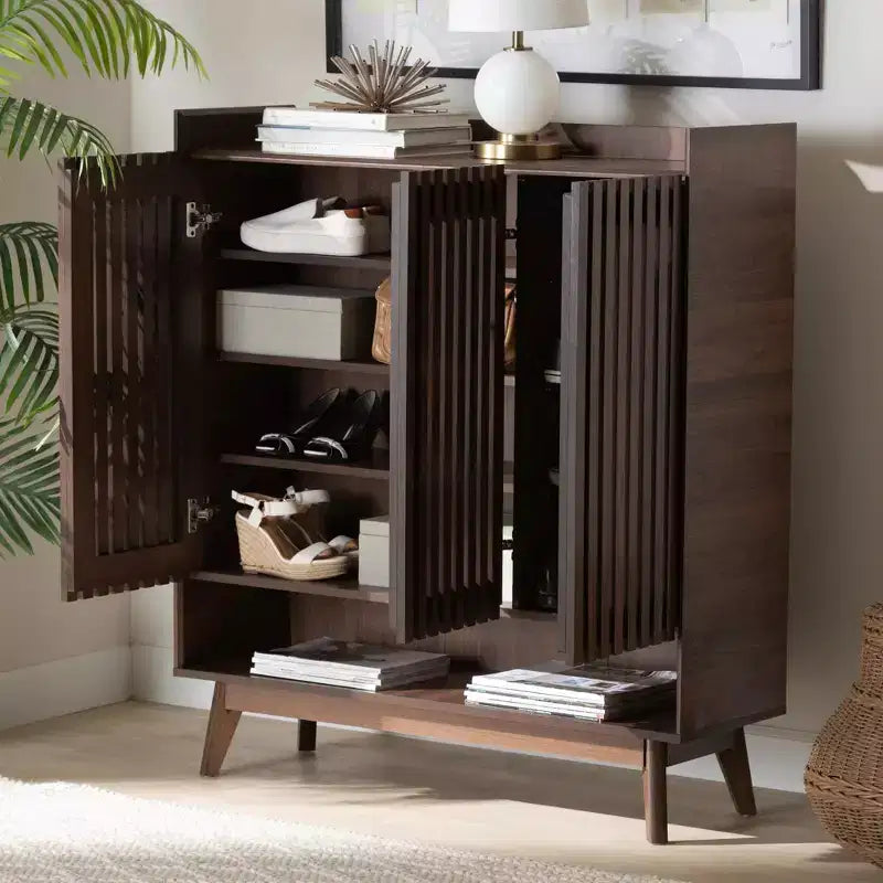 Meuble à chaussures en bois noyer style Mid-Century Modern Delaire