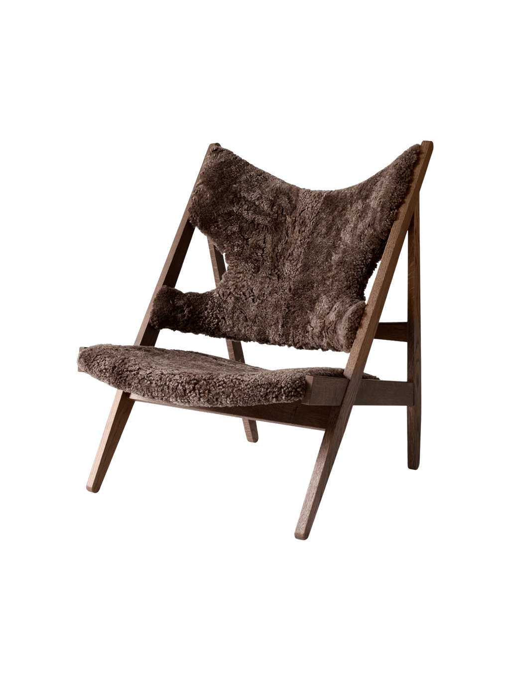 Fauteuil de salon et de chambre en peau de mouton et chêne avec découpe au niveau des accoudoirs