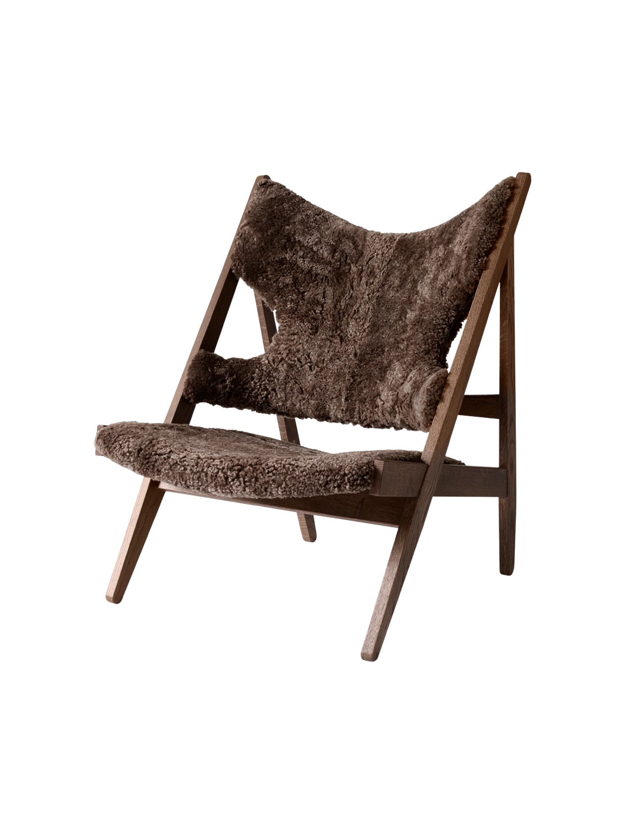 Fauteuil de salon et de chambre en peau de mouton et chêne avec découpe au niveau des accoudoirs