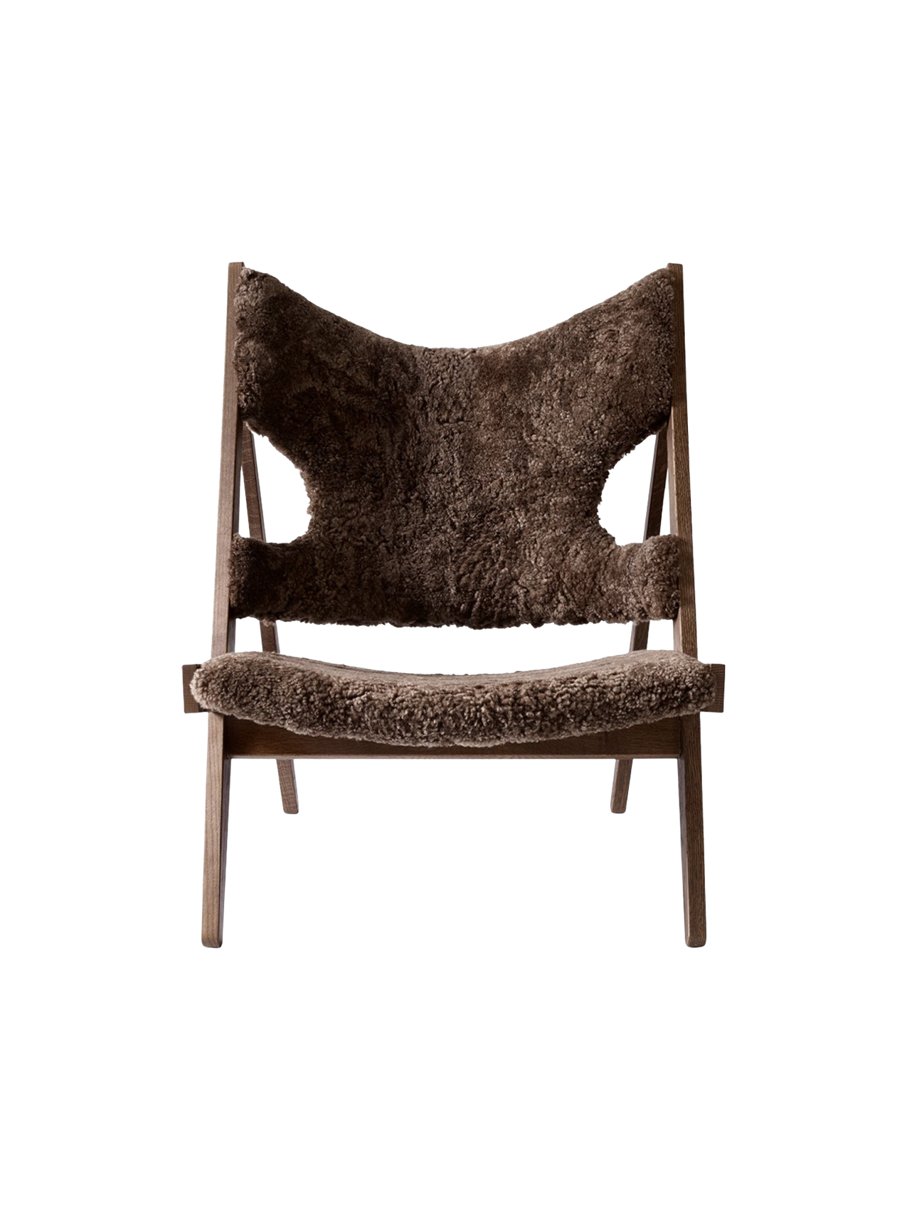 Fauteuil de salon et de chambre en peau de mouton et chêne avec découpe au niveau des accoudoirs