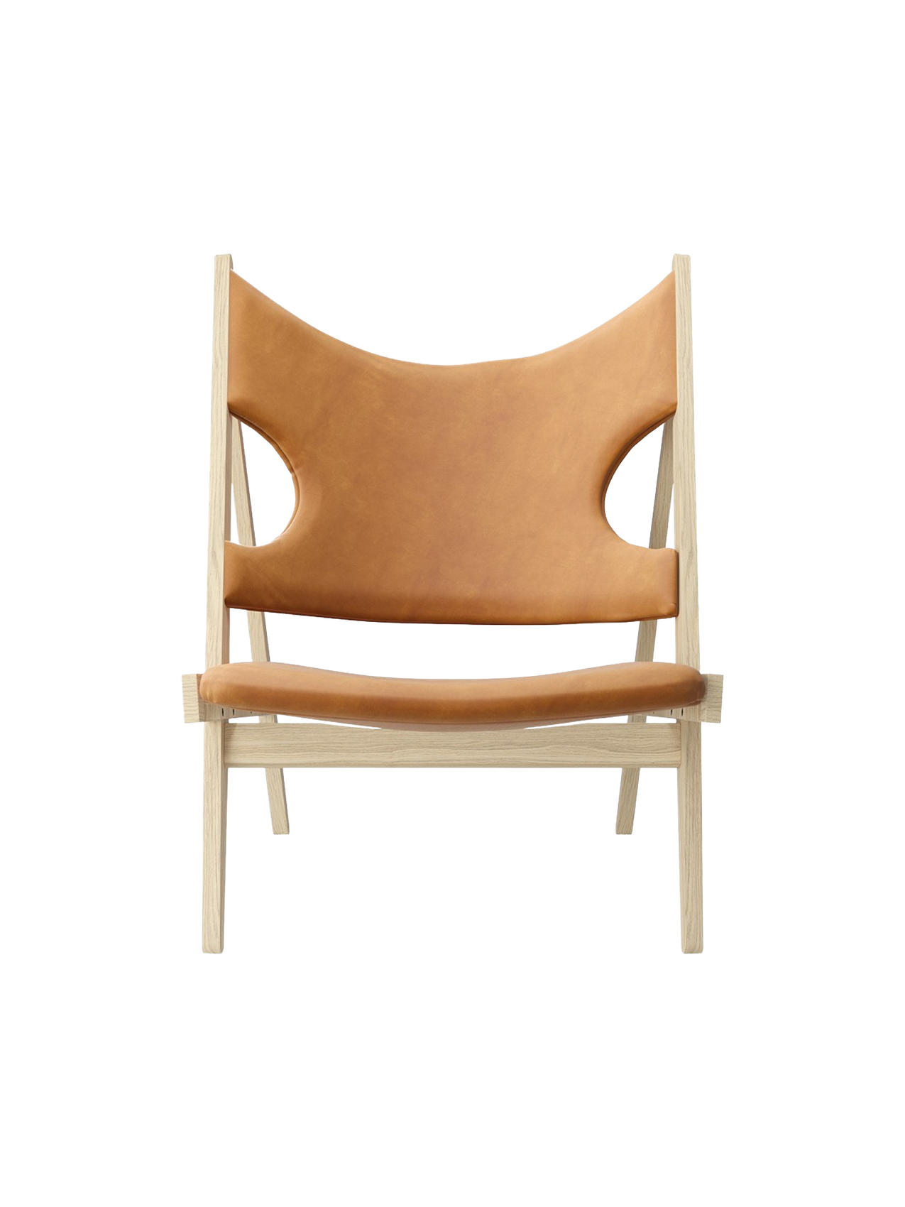 Fauteuil de salon en cuir et chêne avec accoudoirs incurvés