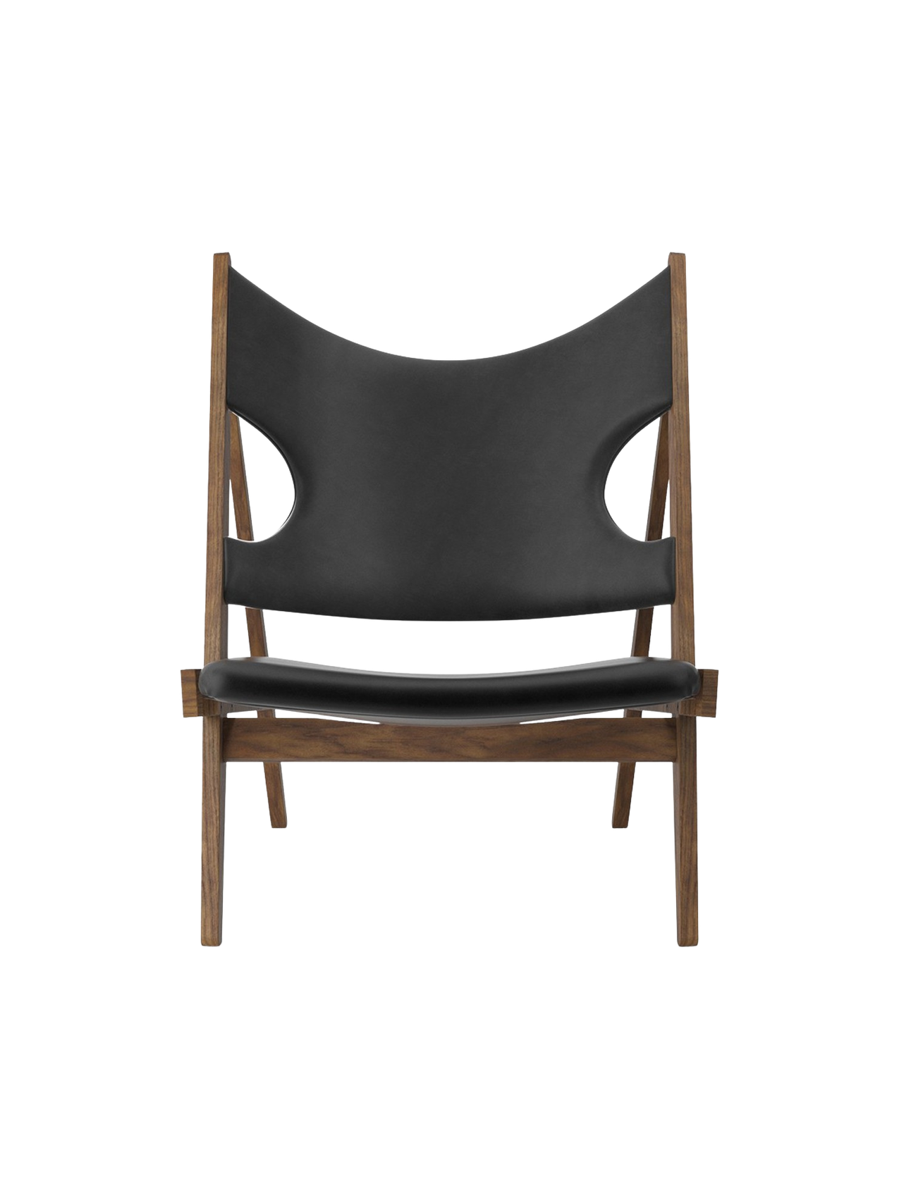 Fauteuil de salon en cuir et chêne avec accoudoirs incurvés