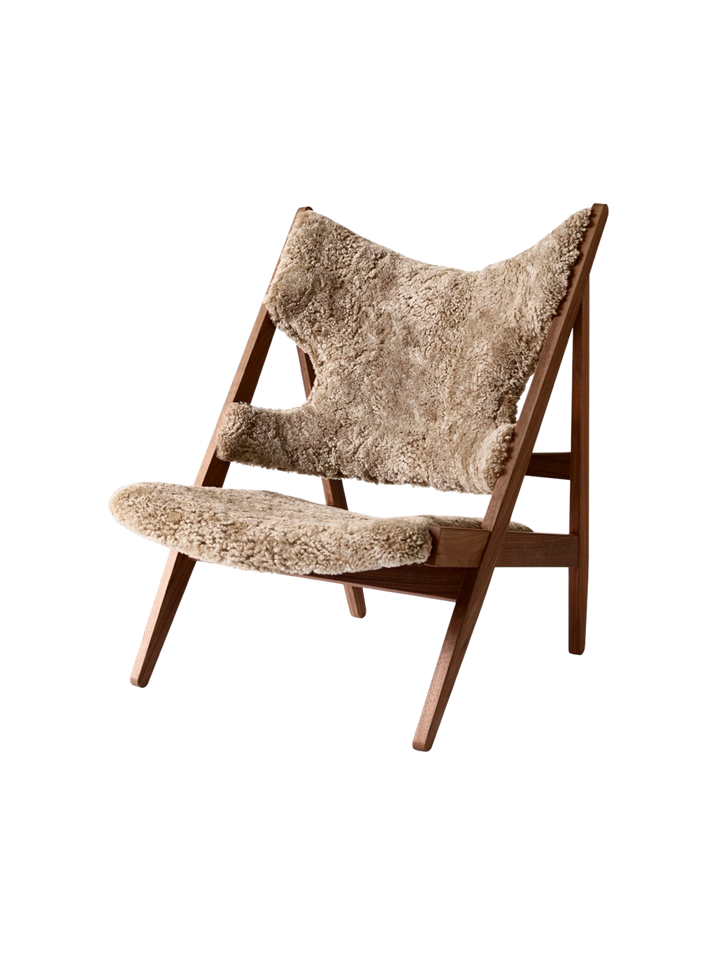 Fauteuil de salon et de chambre en peau de mouton et chêne avec découpe au niveau des accoudoirs