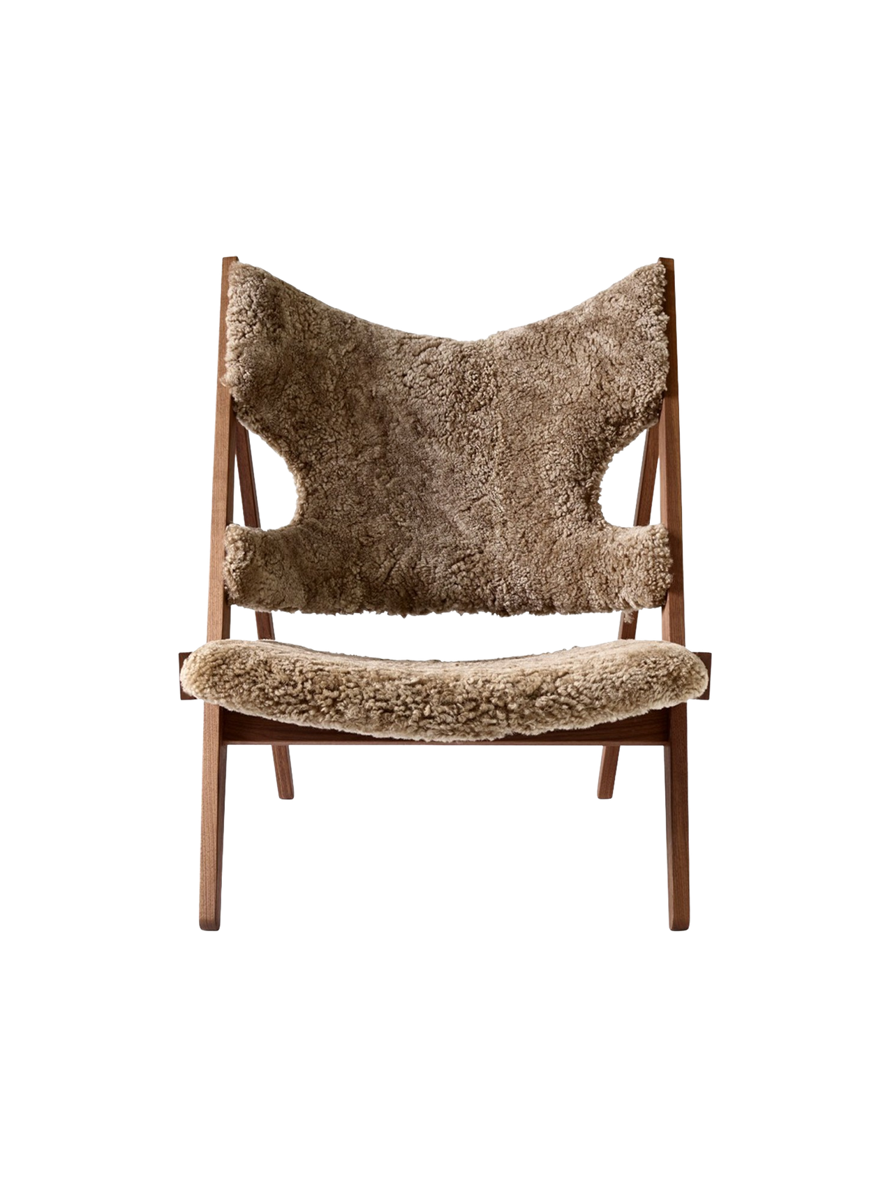 Fauteuil de salon et de chambre en peau de mouton et chêne avec découpe au niveau des accoudoirs