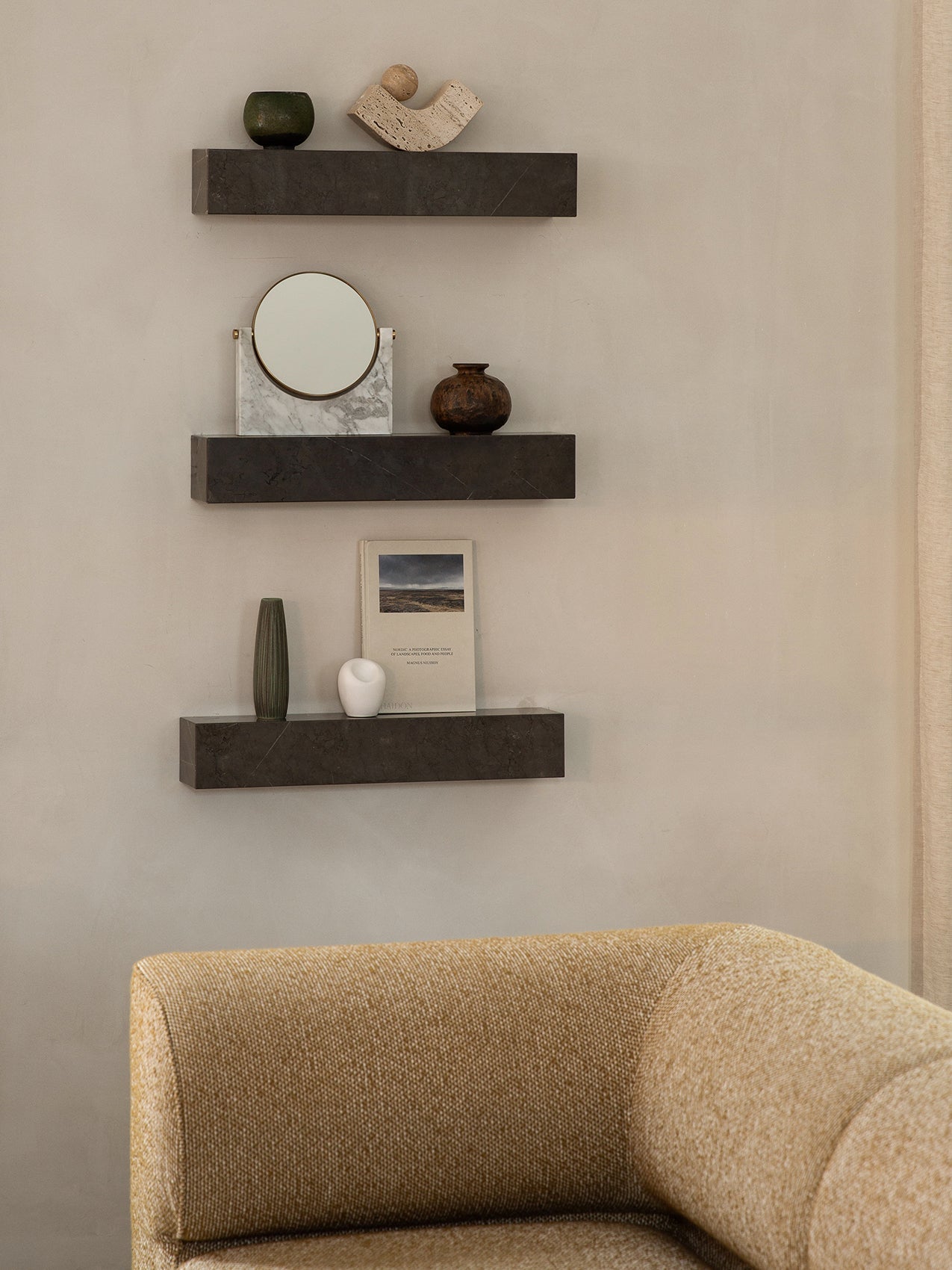Étagère murale minimaliste en marbre et pierre avec affichage horizontal ou vertical pour le salon et le couloir