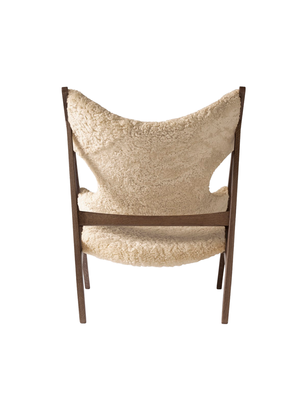 Fauteuil de salon et de chambre en peau de mouton et chêne avec découpe au niveau des accoudoirs