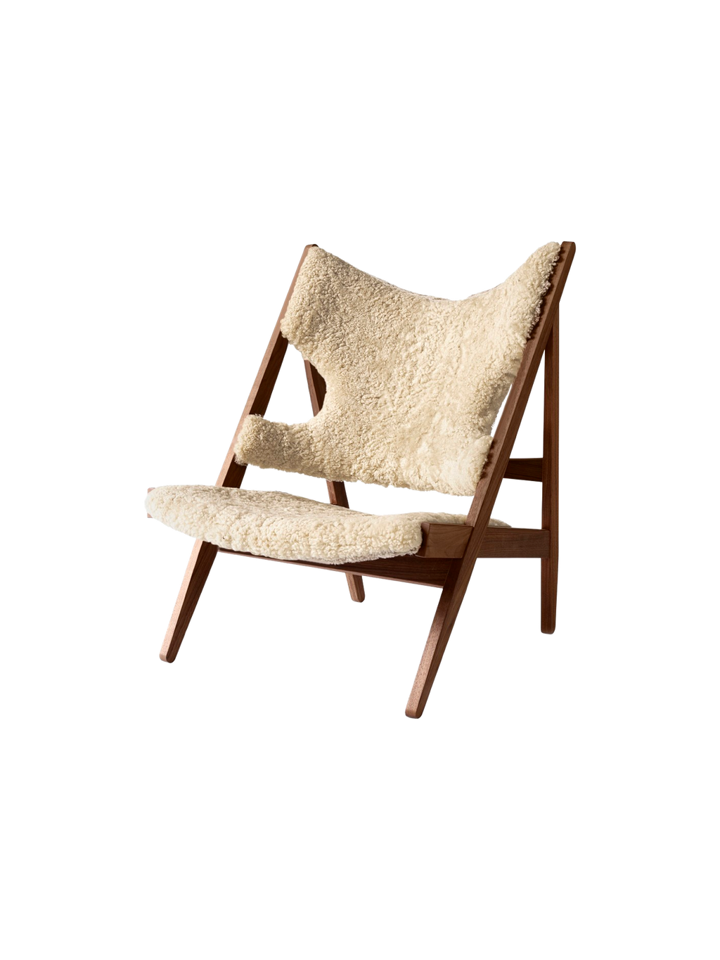 Fauteuil de salon et de chambre en peau de mouton et chêne avec découpe au niveau des accoudoirs