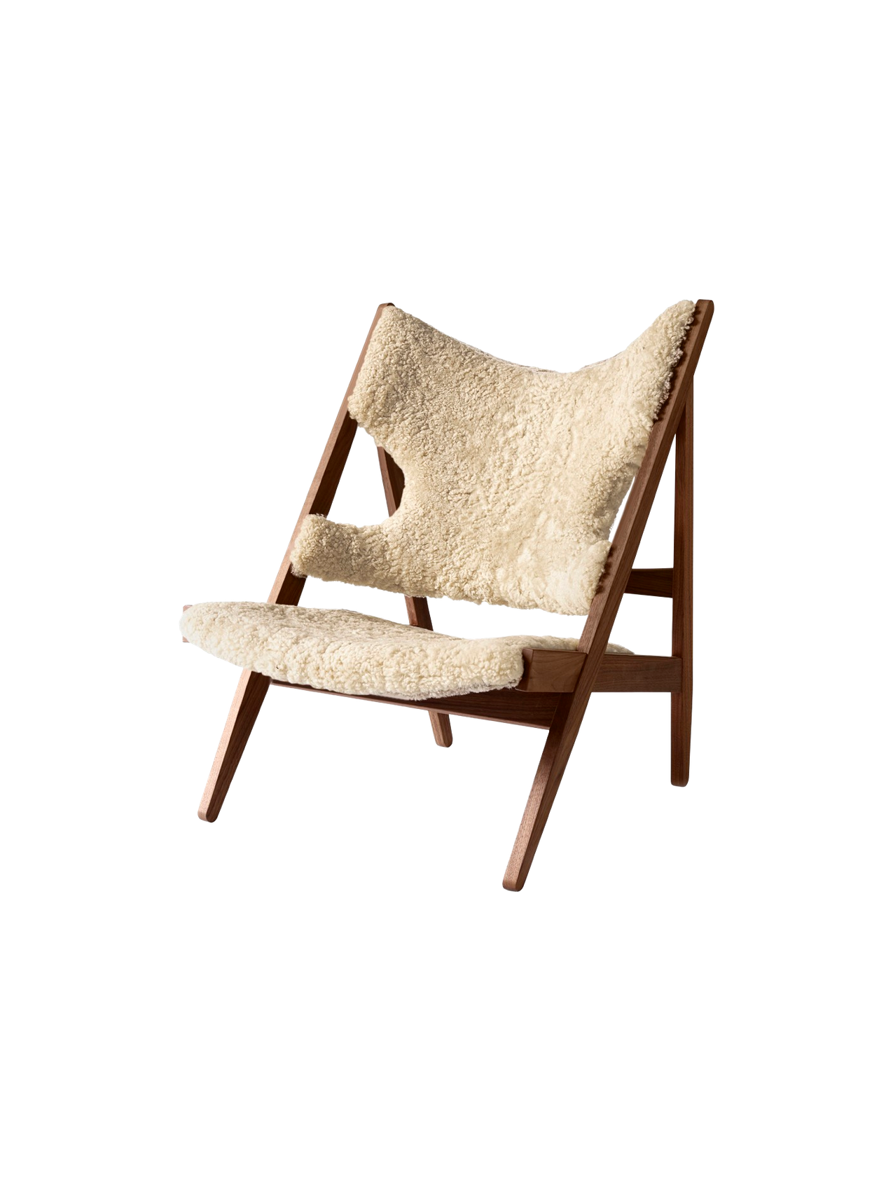 Fauteuil de salon et de chambre en peau de mouton et chêne avec découpe au niveau des accoudoirs