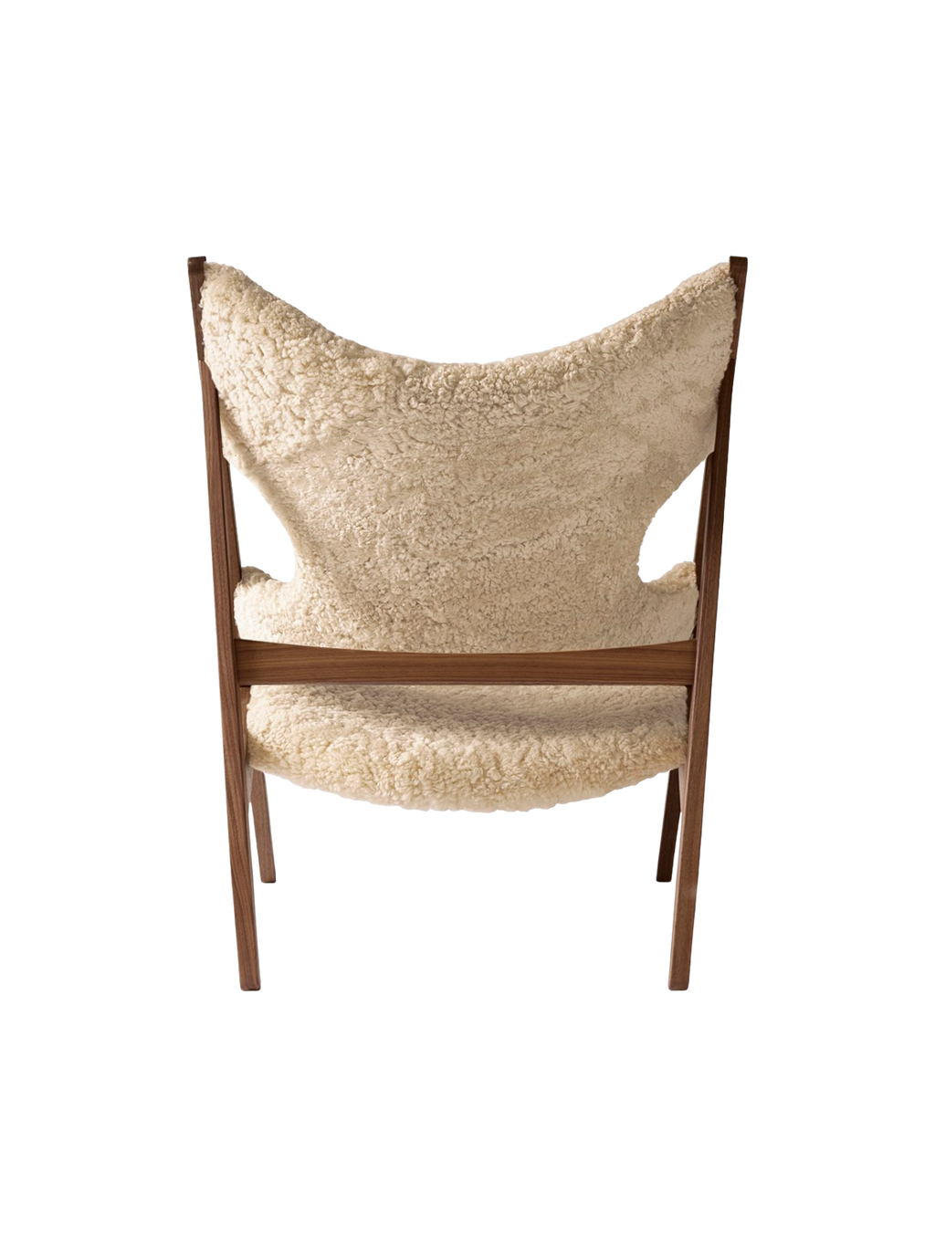 Fauteuil de salon et de chambre en peau de mouton et chêne avec découpe au niveau des accoudoirs