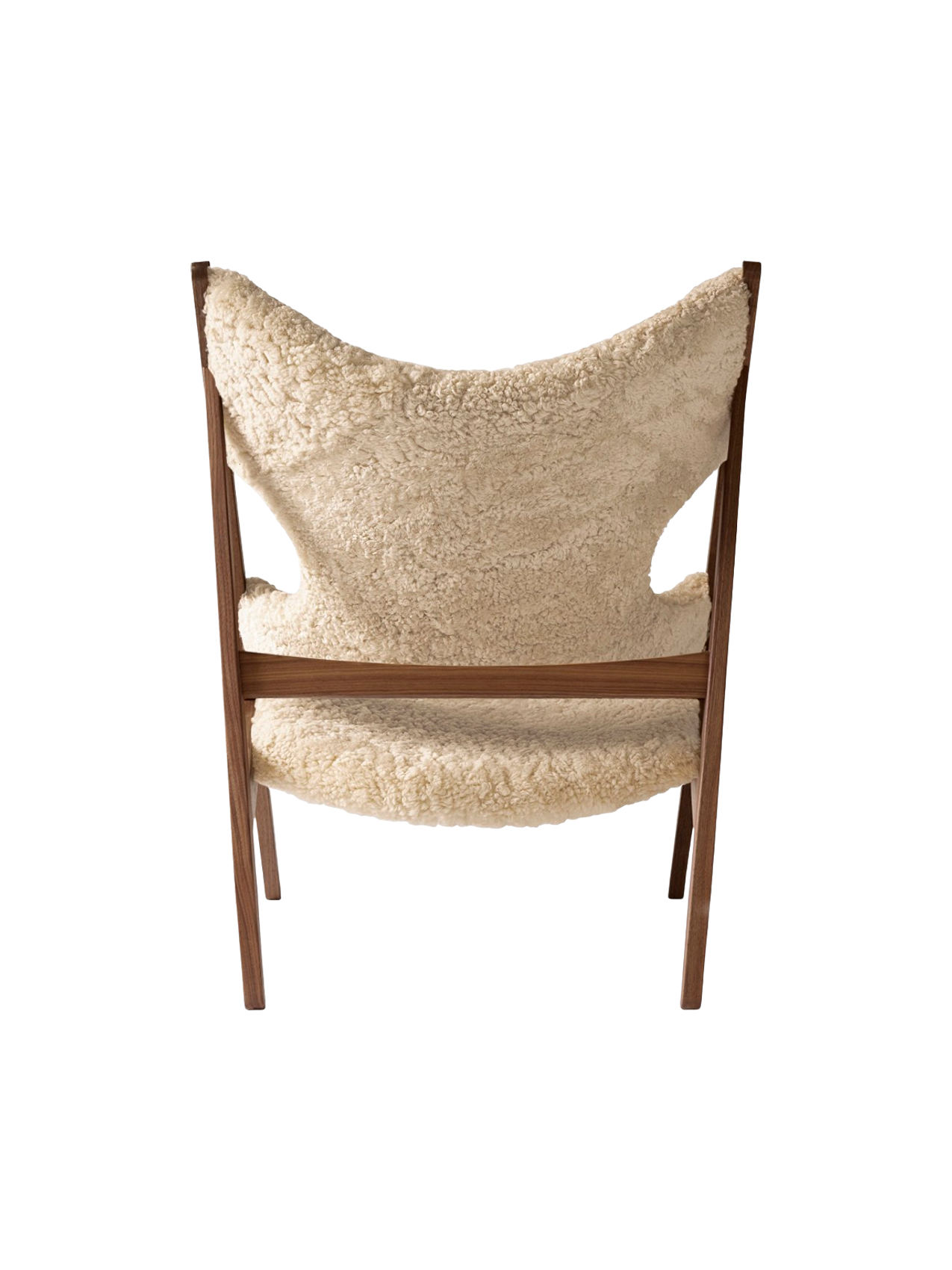 Fauteuil de salon et de chambre en peau de mouton et chêne avec découpe au niveau des accoudoirs