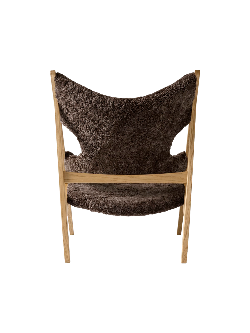 Fauteuil de salon et de chambre en peau de mouton et chêne avec découpe au niveau des accoudoirs