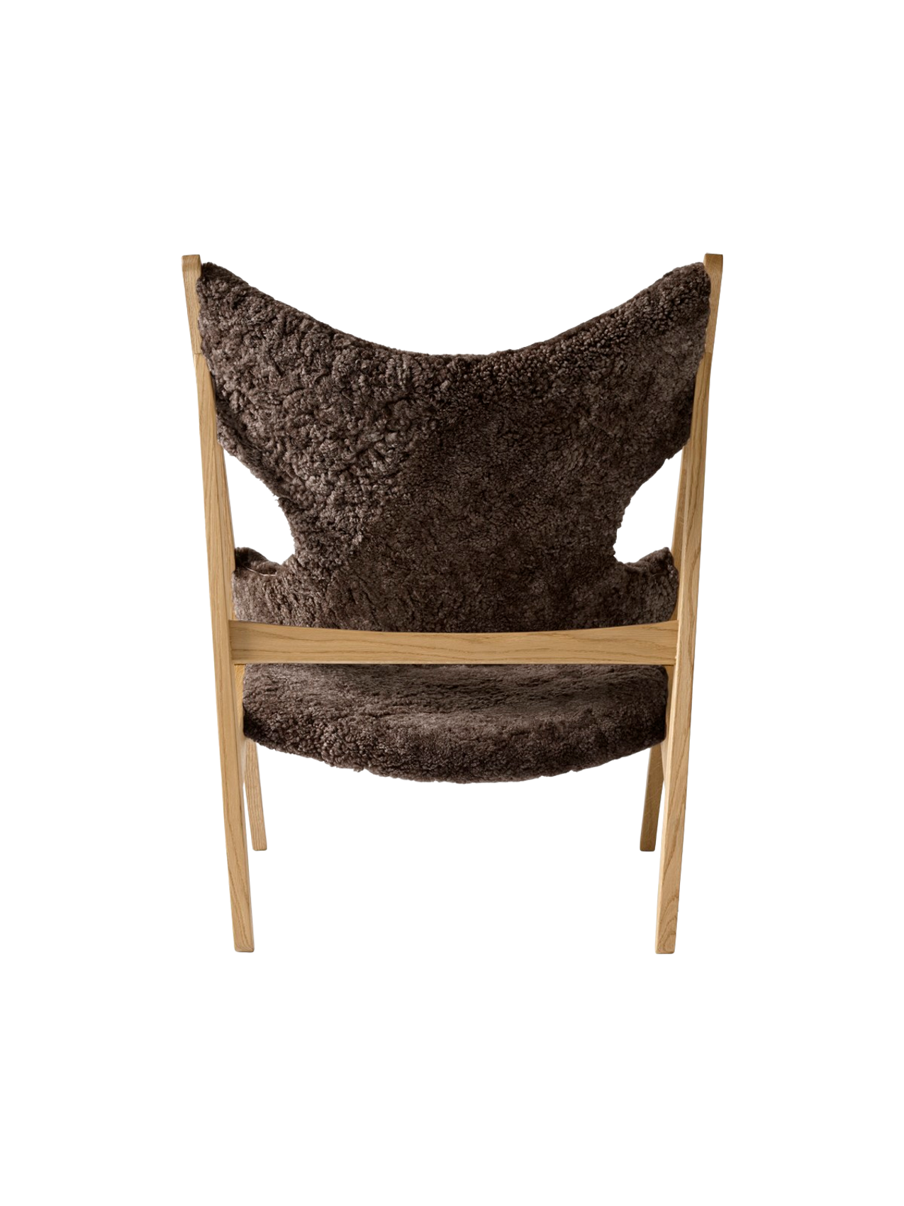Fauteuil de salon et de chambre en peau de mouton et chêne avec découpe au niveau des accoudoirs