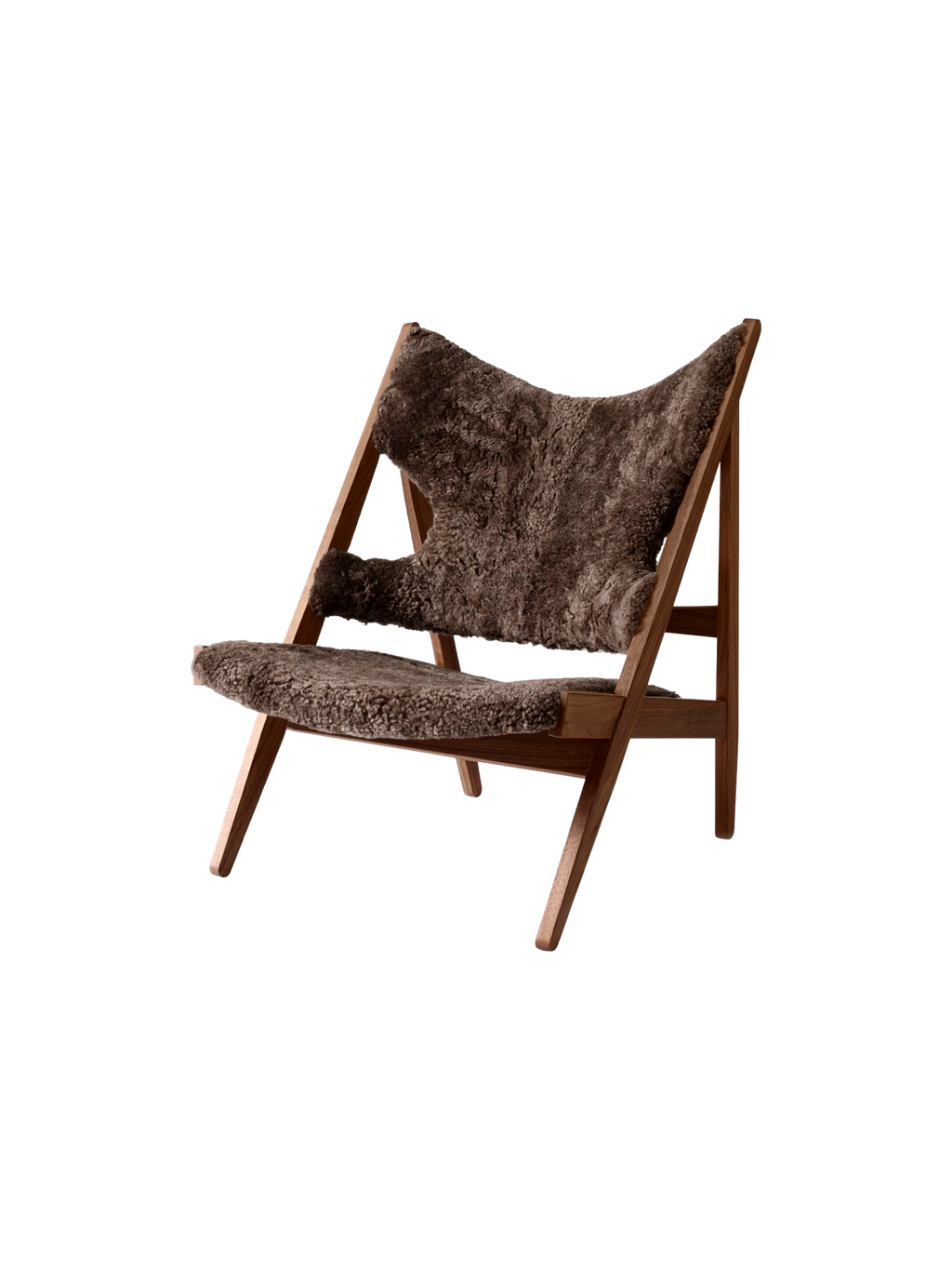 Fauteuil de salon et de chambre en peau de mouton et chêne avec découpe au niveau des accoudoirs