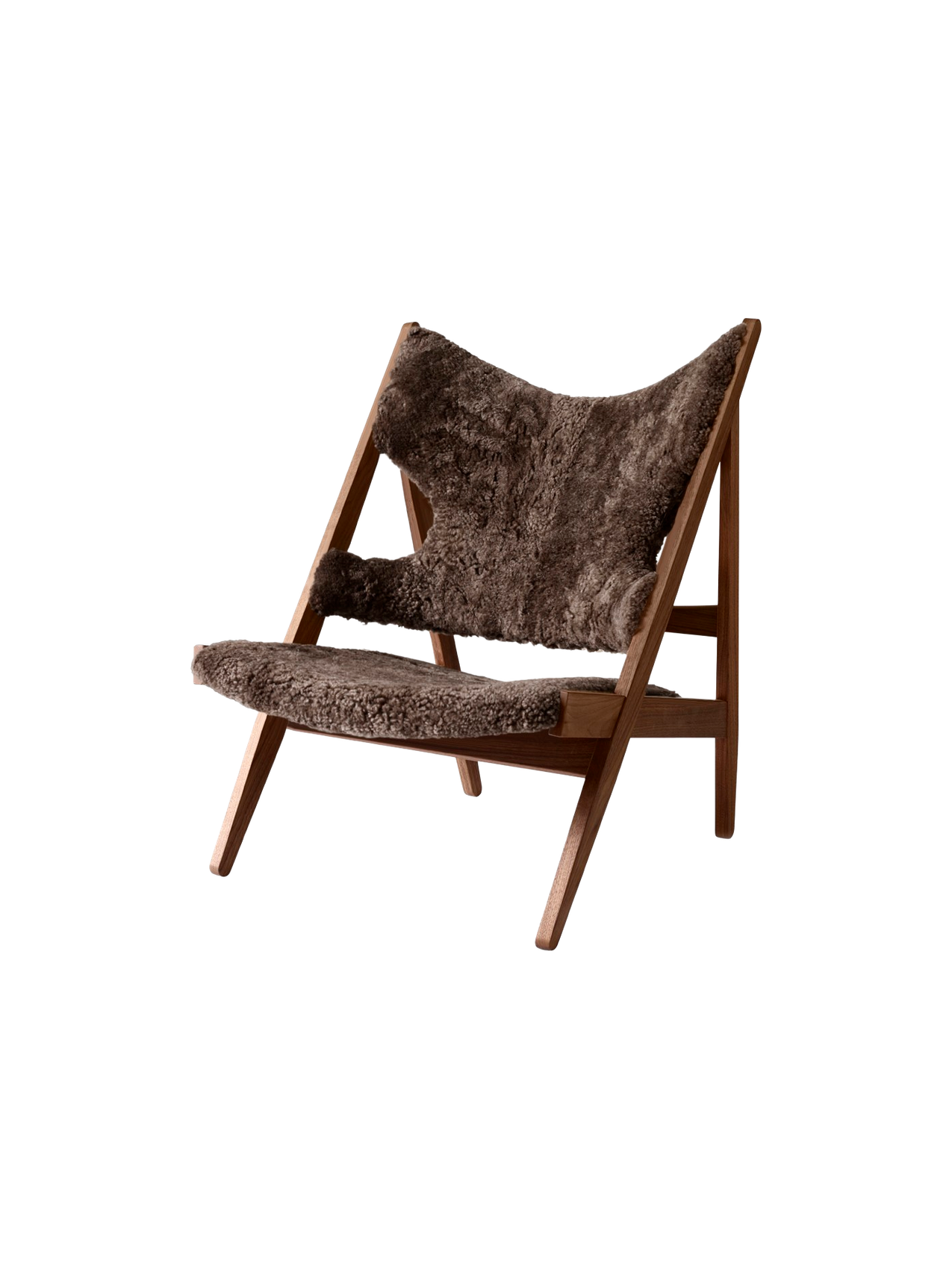 Fauteuil de salon et de chambre en peau de mouton et chêne avec découpe au niveau des accoudoirs