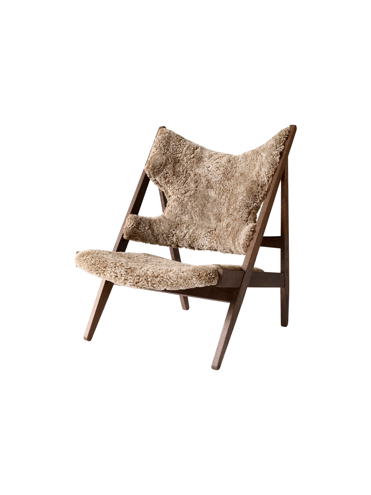 Fauteuil de salon et de chambre en peau de mouton et chêne avec découpe au niveau des accoudoirs