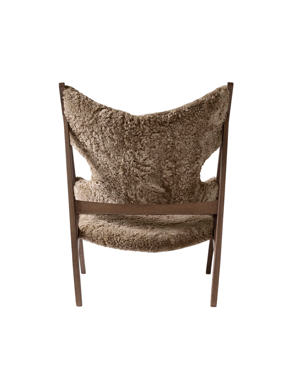 Fauteuil de salon et de chambre en peau de mouton et chêne avec découpe au niveau des accoudoirs