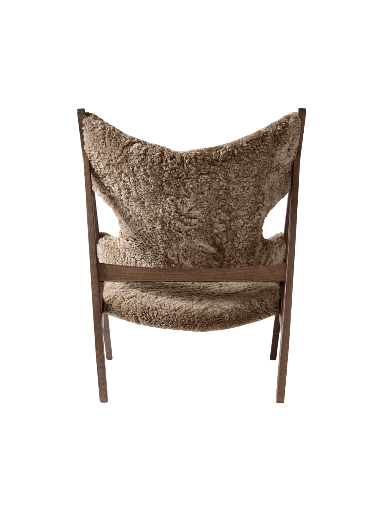 Fauteuil de salon et de chambre en peau de mouton et chêne avec découpe au niveau des accoudoirs