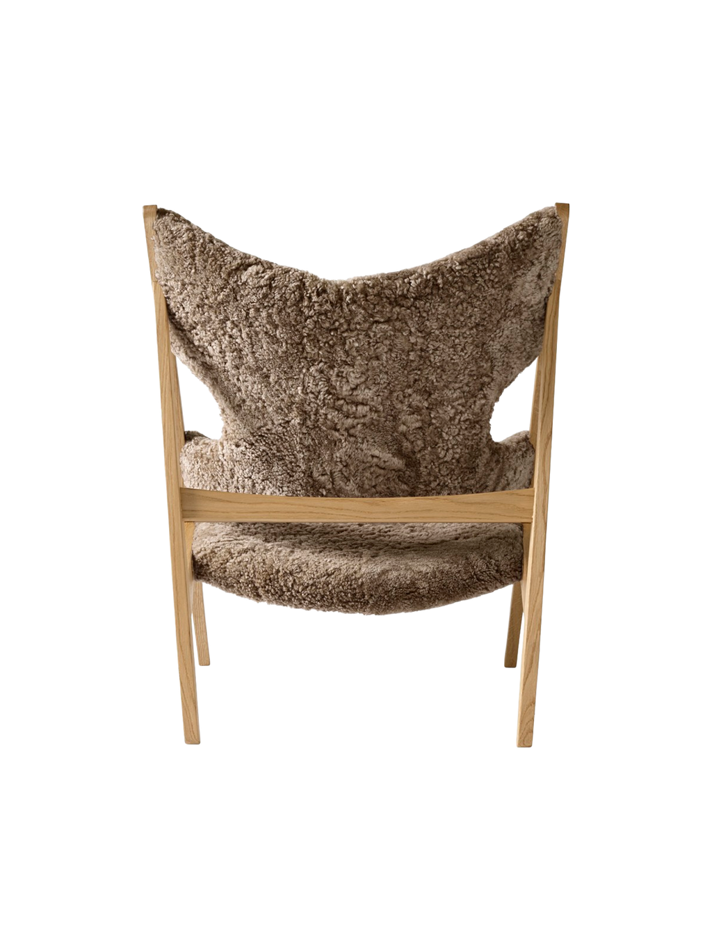 Fauteuil de salon et de chambre en peau de mouton et chêne avec découpe au niveau des accoudoirs