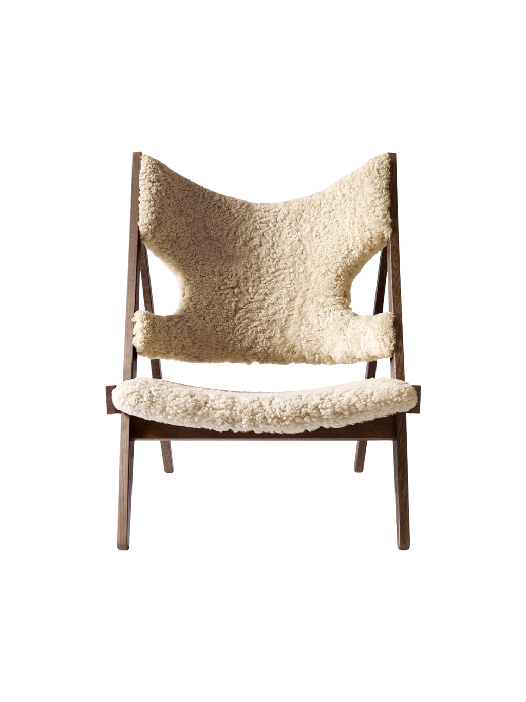 Fauteuil de salon et de chambre en peau de mouton et chêne avec découpe au niveau des accoudoirs