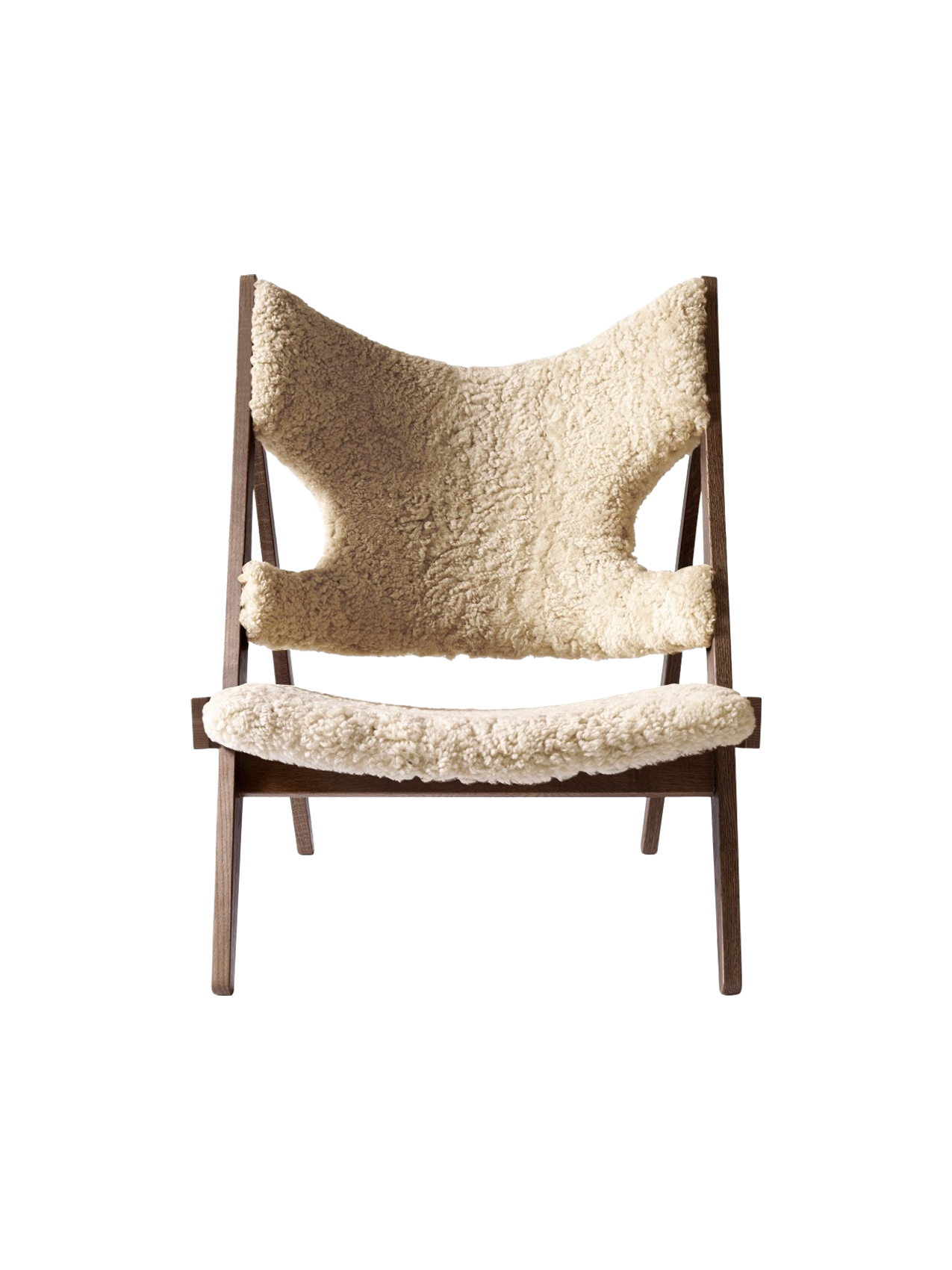 Fauteuil de salon et de chambre en peau de mouton et chêne avec découpe au niveau des accoudoirs
