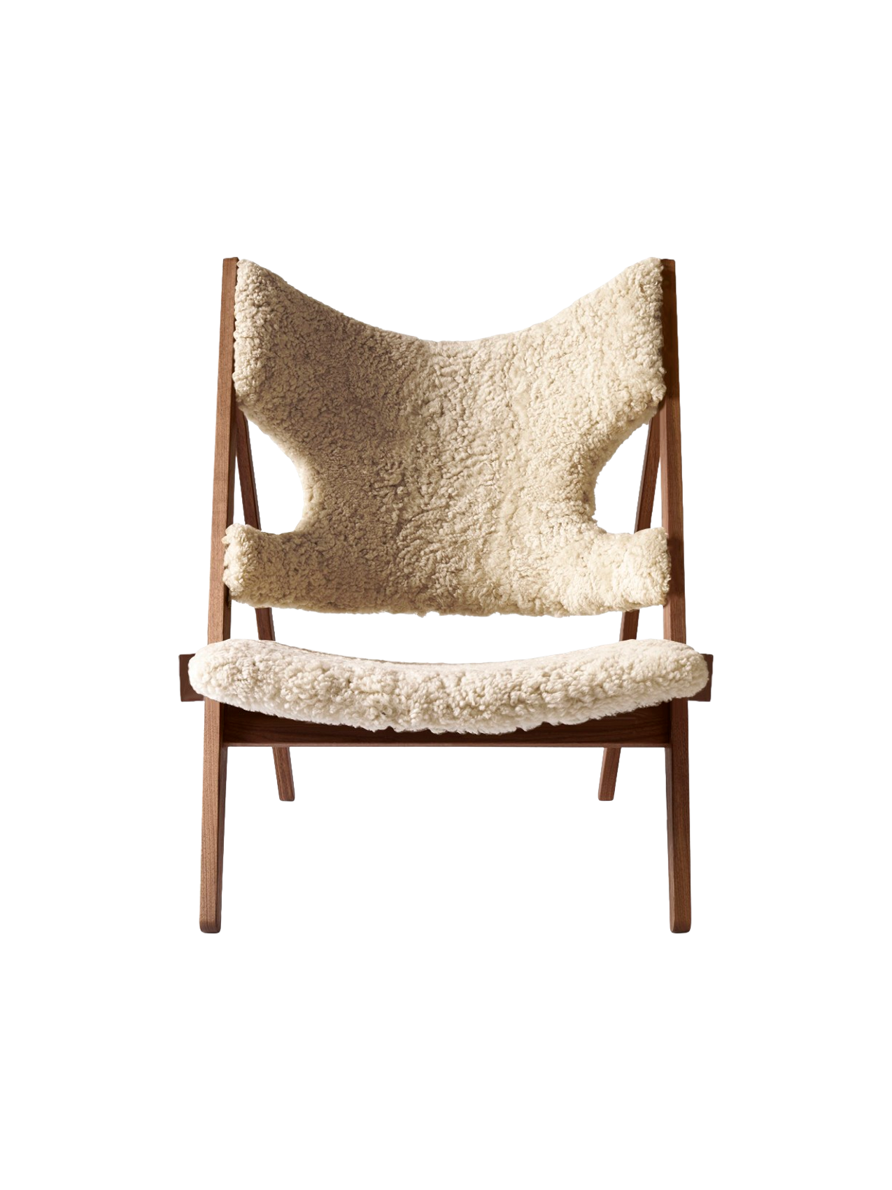Fauteuil de salon et de chambre en peau de mouton et chêne avec découpe au niveau des accoudoirs