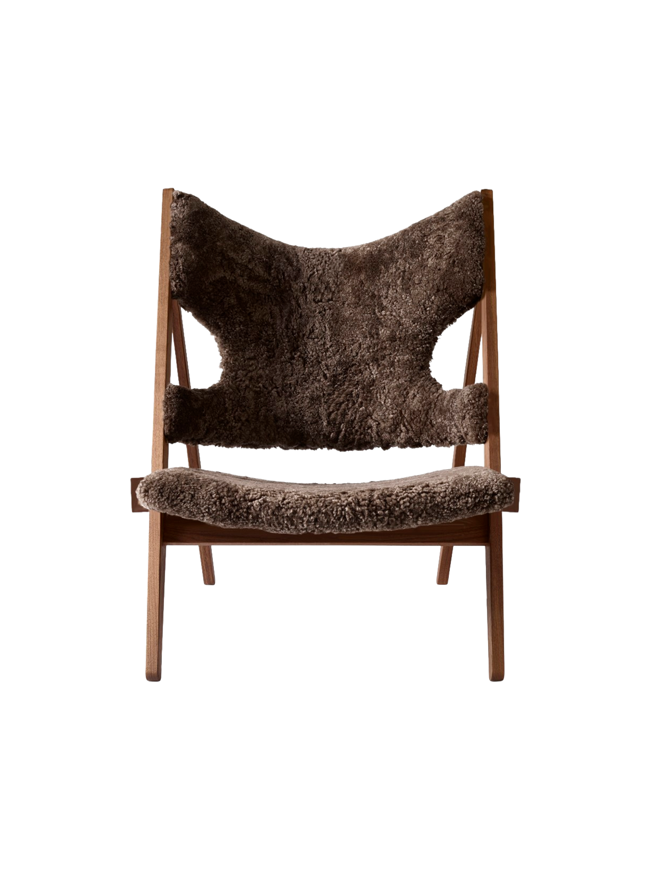 Fauteuil de salon et de chambre en peau de mouton et chêne avec découpe au niveau des accoudoirs