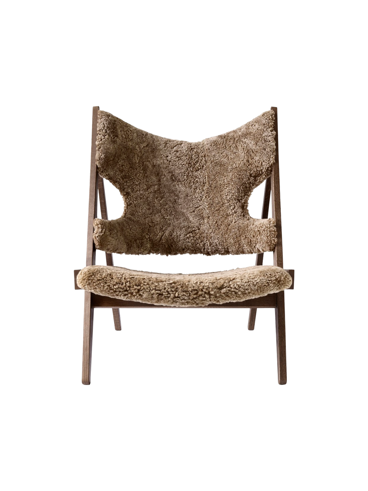 Fauteuil de salon et de chambre en peau de mouton et chêne avec découpe au niveau des accoudoirs