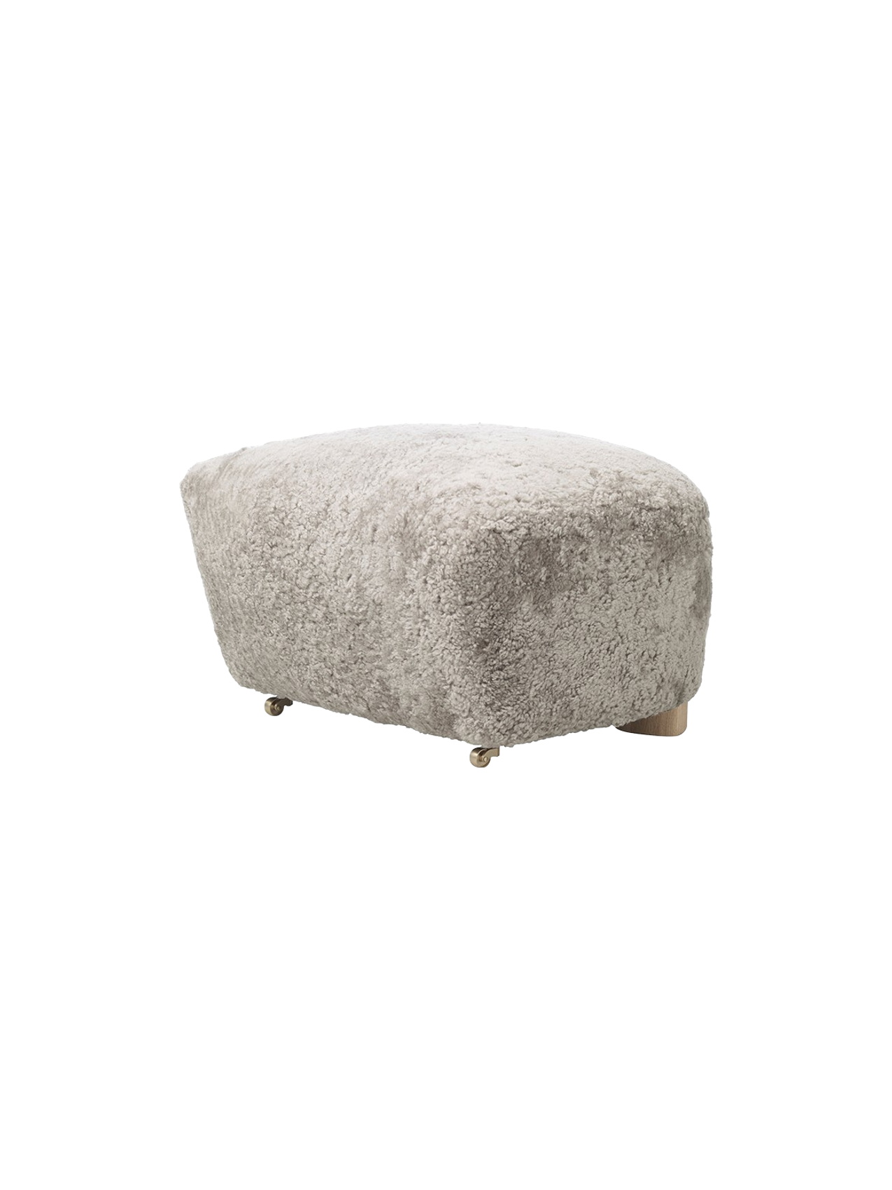 Pouffe en peau de mouton et chêne avec roulettes en laiton pour salon