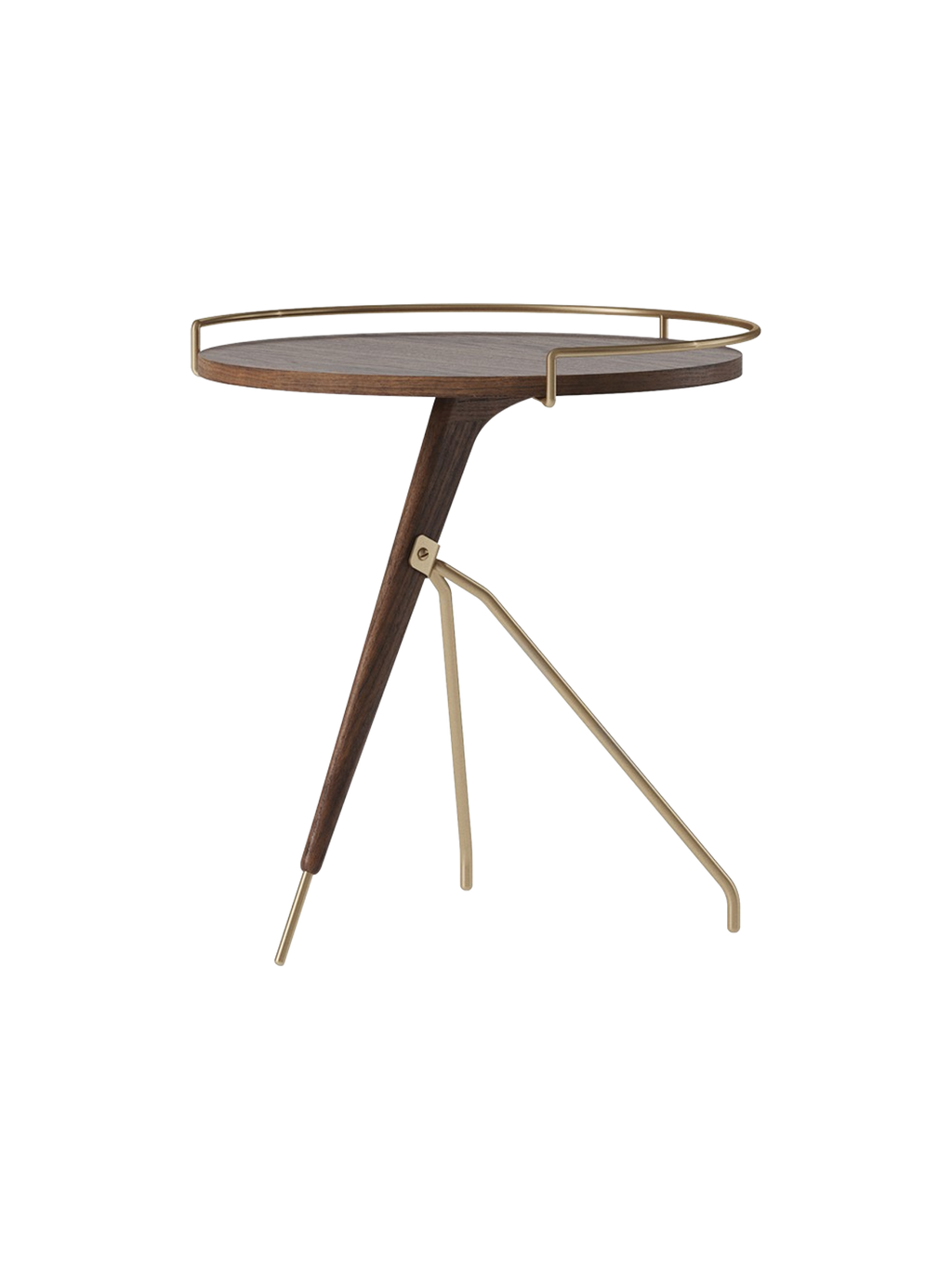 Table d'appoint en noyer et laiton Mid-Century Modern avec piètement trépied pour salon et chambre