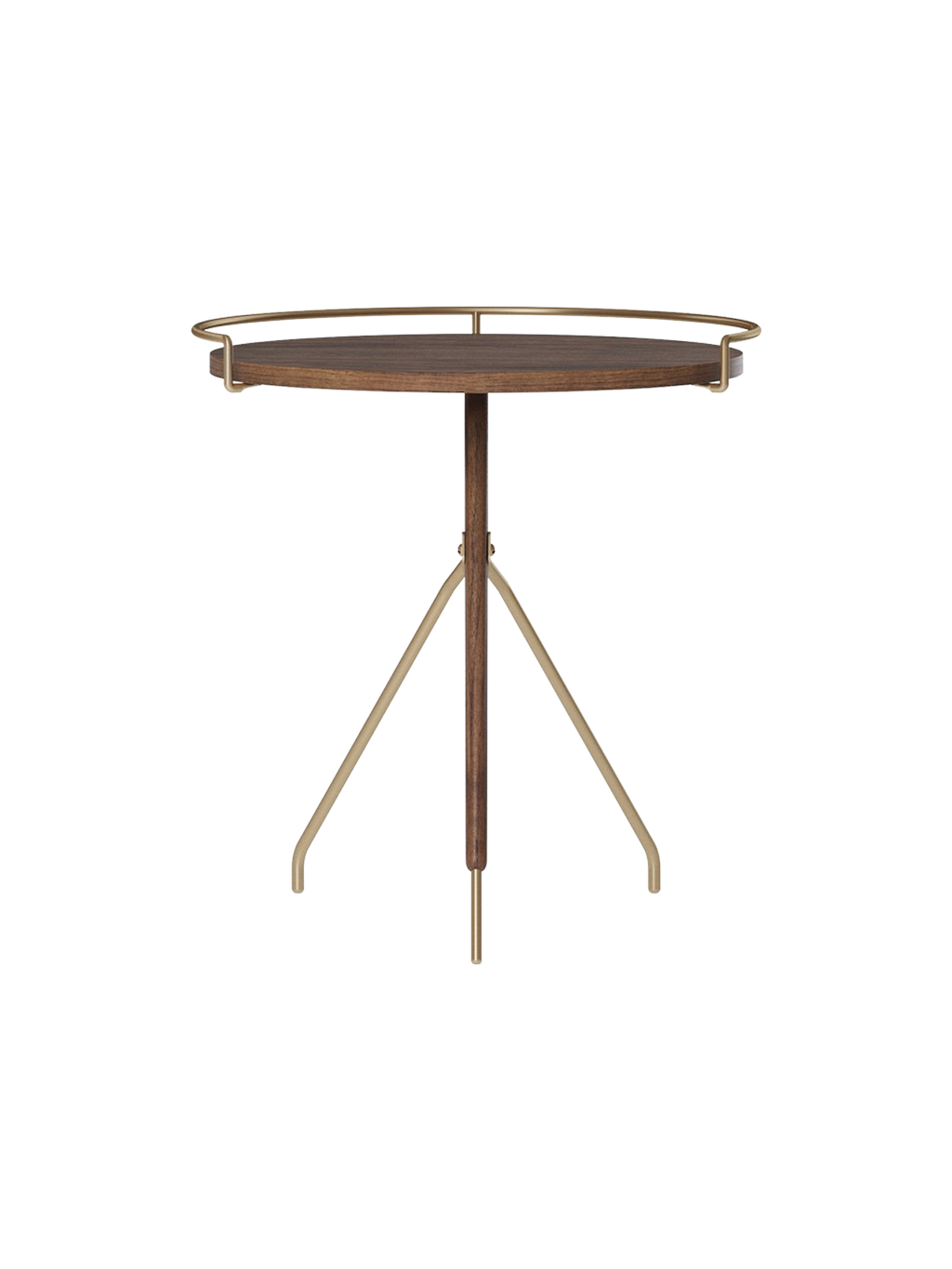 Table d'appoint en noyer et laiton Mid-Century Modern avec piètement trépied pour salon et chambre