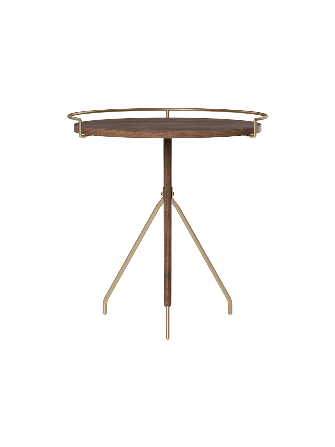 Table d'appoint en noyer et laiton Mid-Century Modern avec piètement trépied pour salon et chambre
