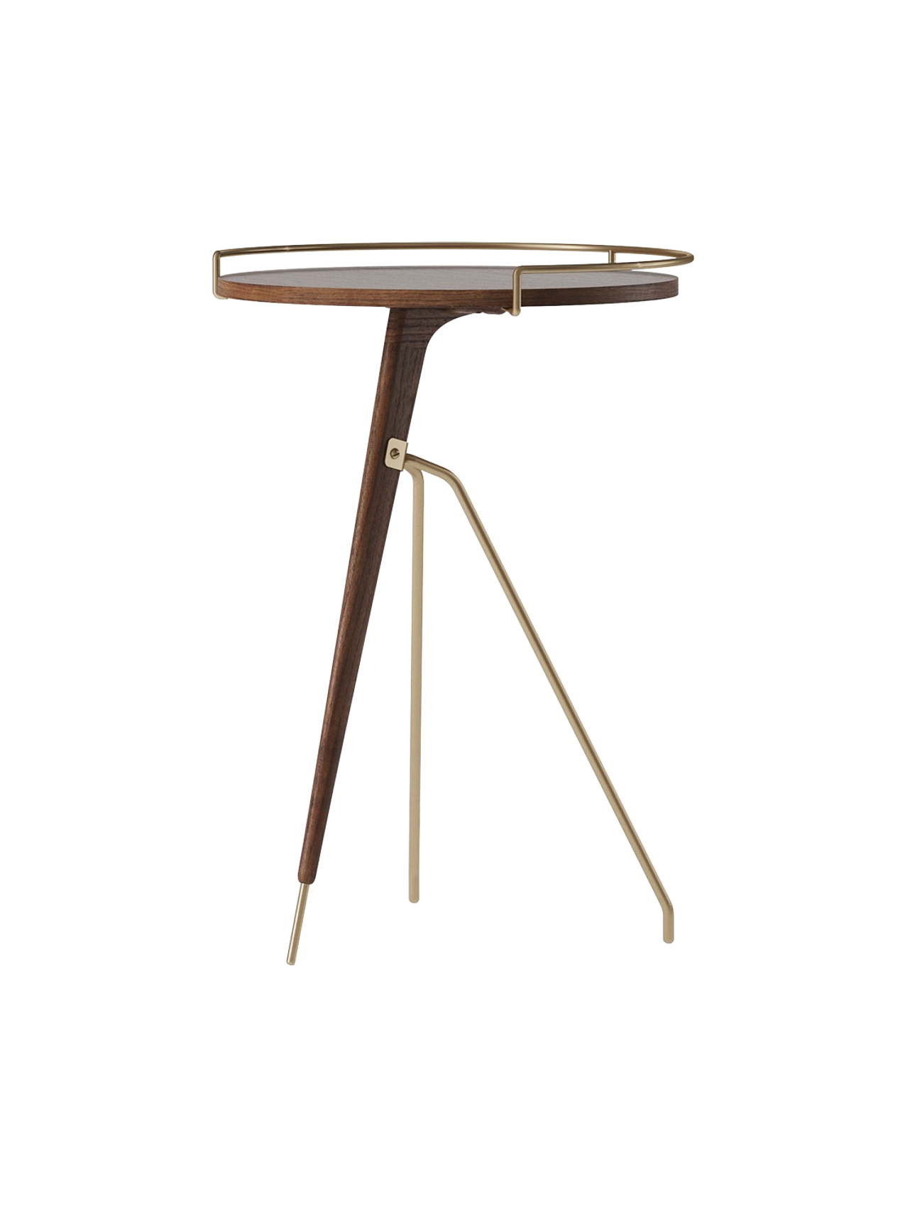 Table d'appoint en noyer et laiton Mid-Century Modern avec piètement trépied pour salon et chambre