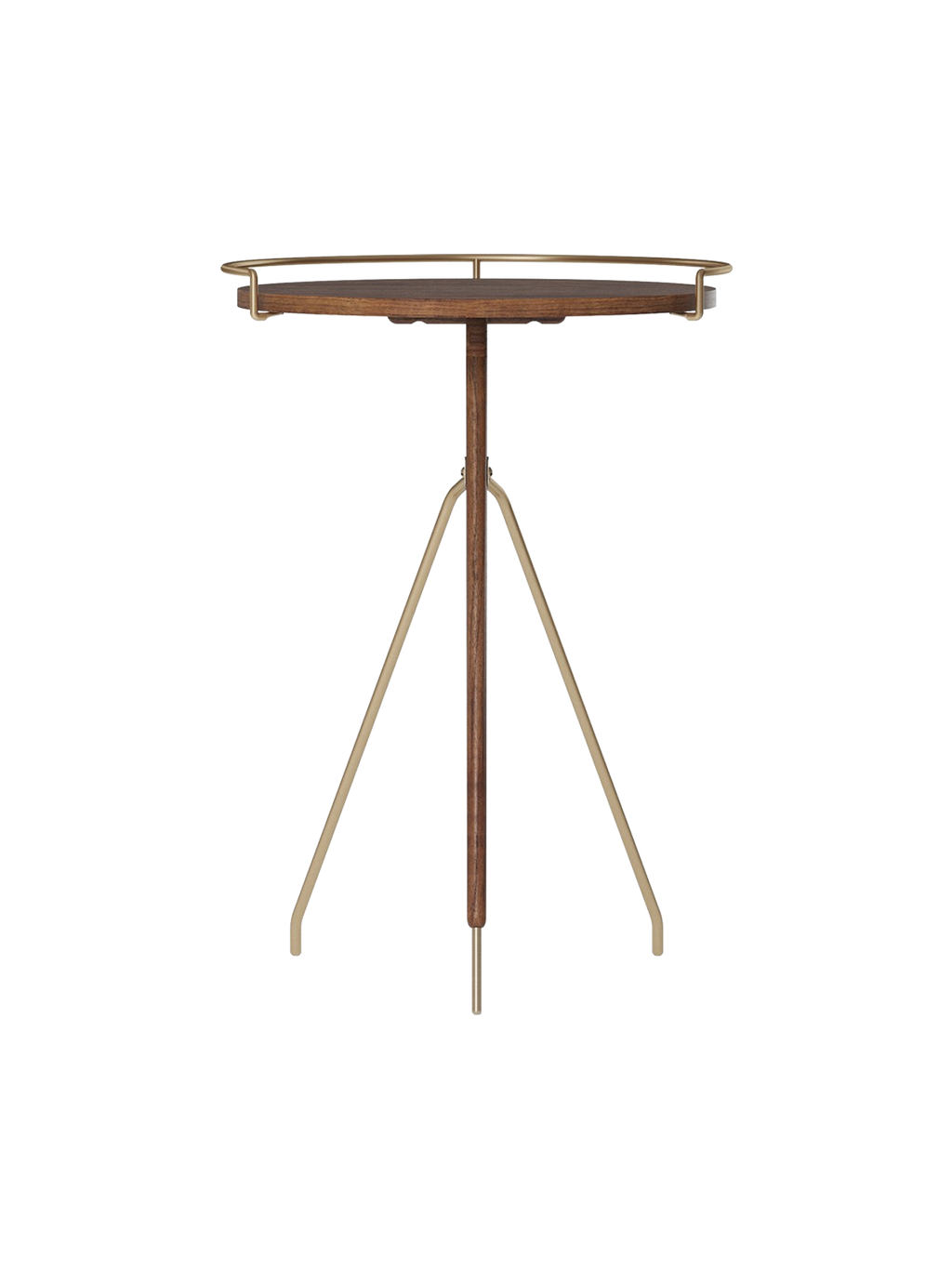 Table d'appoint en noyer et laiton Mid-Century Modern avec piètement trépied pour salon et chambre