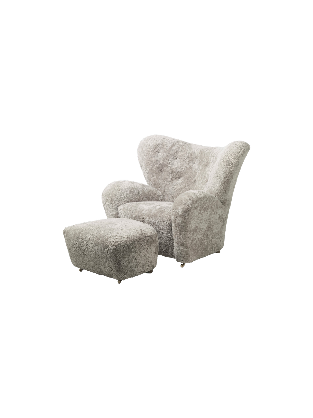 Pouffe en peau de mouton et chêne avec roulettes en laiton pour salon