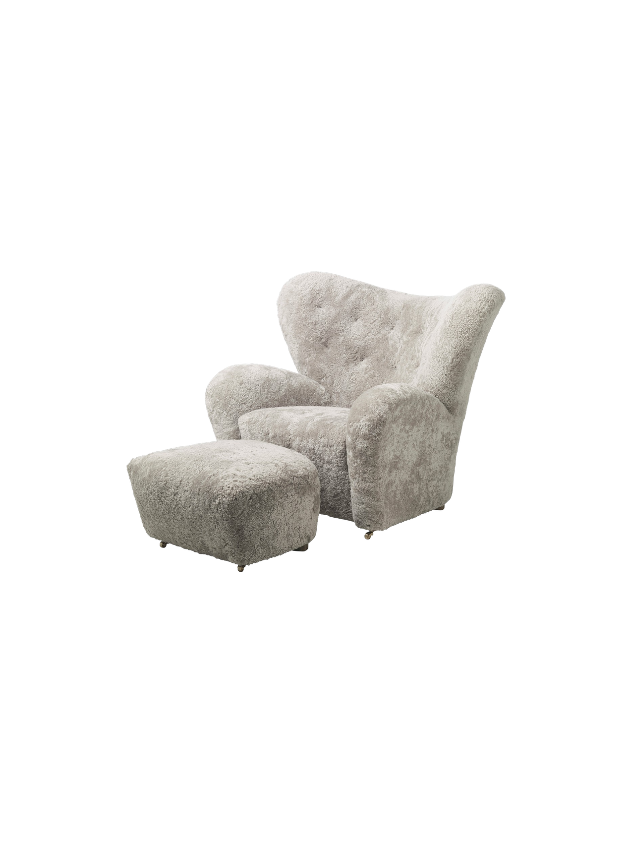 Pouffe en peau de mouton et chêne avec roulettes en laiton pour salon