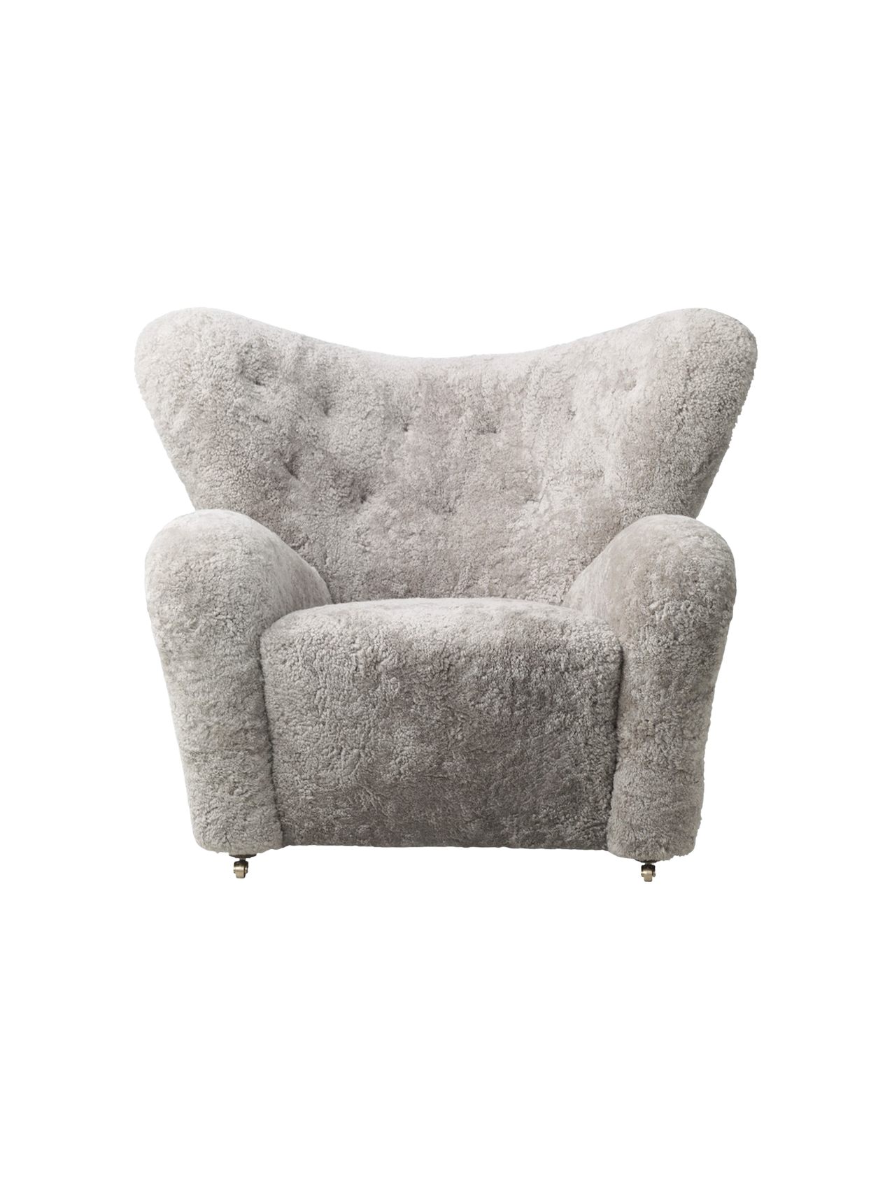 Fauteuil de salon en peau de mouton et chêne avec roulettes en laiton pour salon